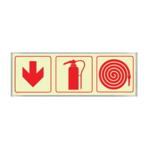 Photoluminescent Sign in Alu Frame: Fire Extingusher, Fire Hose and Red Arrow